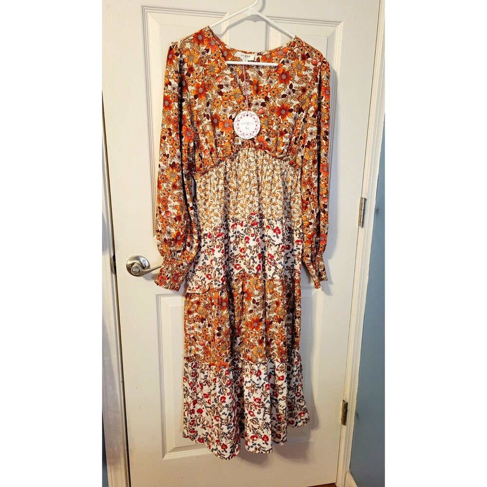 NWT Umgee Boho Mixed Floral Tiered Midi Dress Orange Metallic Pinstripe Small
